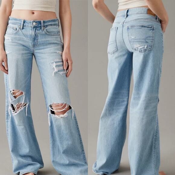 AE American Eagle Strigid Low Rise Baggy Wide Leg Distressed Light Wash Size 18S - Picture 1 of 16